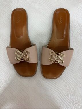 Aldo Blush Pink Slide Sandals with Gold Emblem